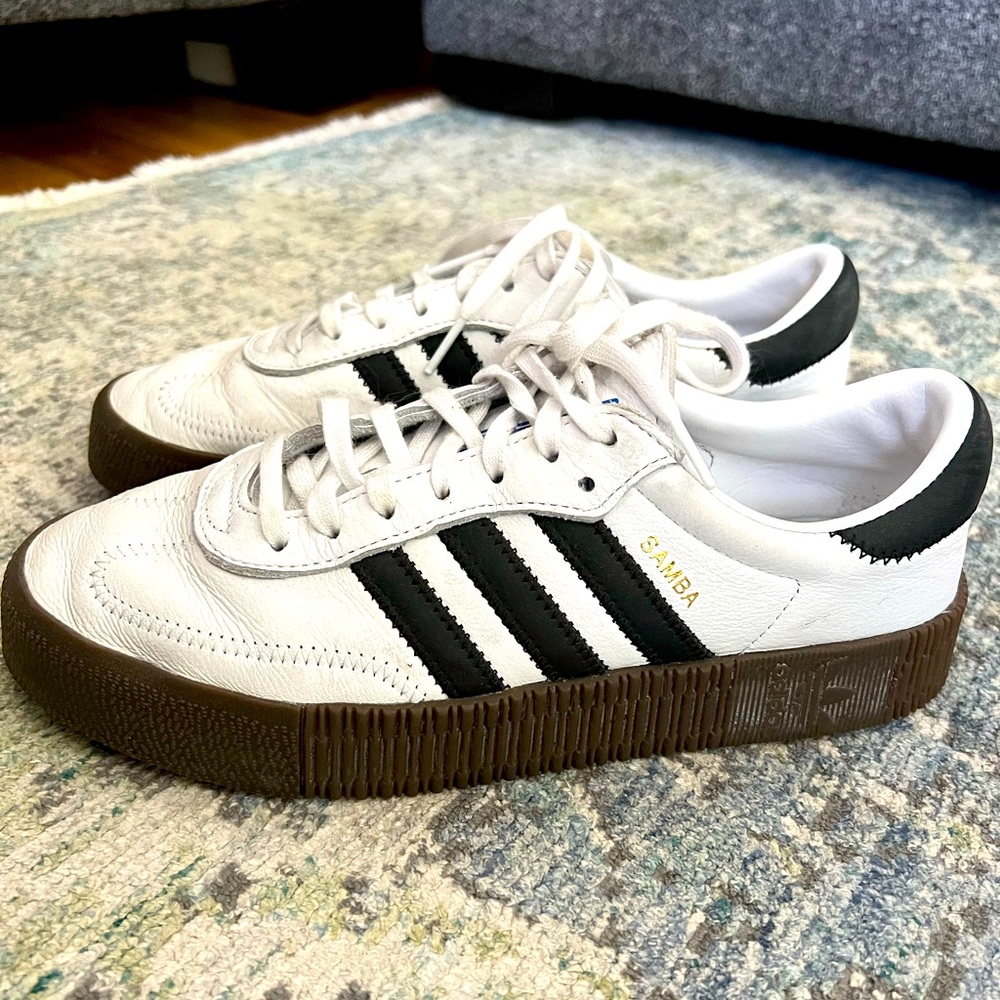 Adidas Platform Samba White Leather, Black stripes